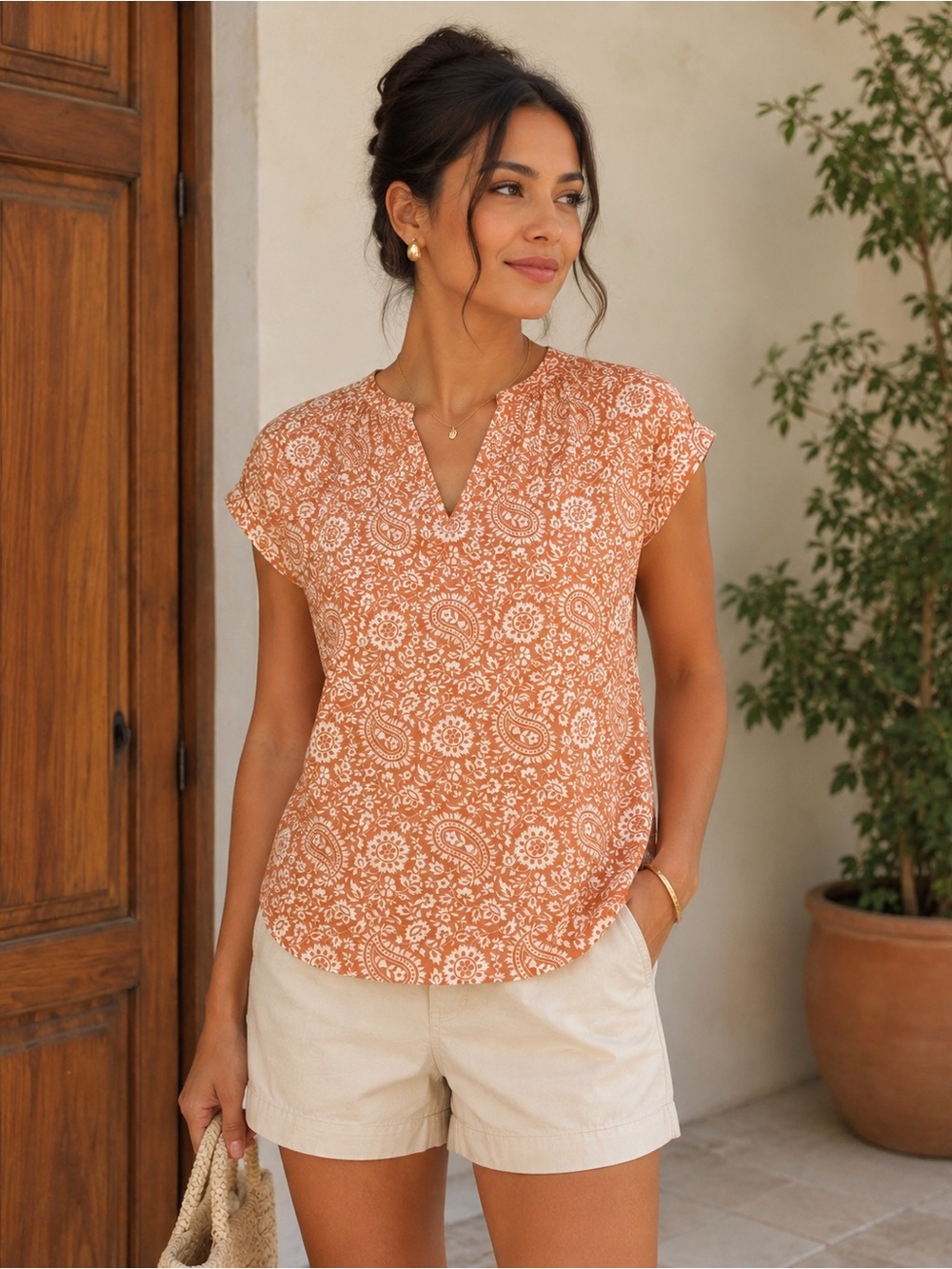 LOFT Orange Paisley Split-Neck Cap Sleeve Blouse size XS light Rayon women